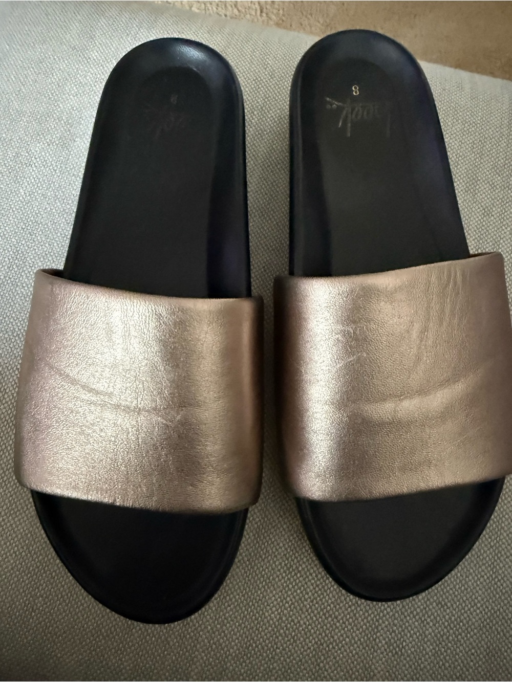 beek Metallic Bronze Slide Sandals with Black Footbed
